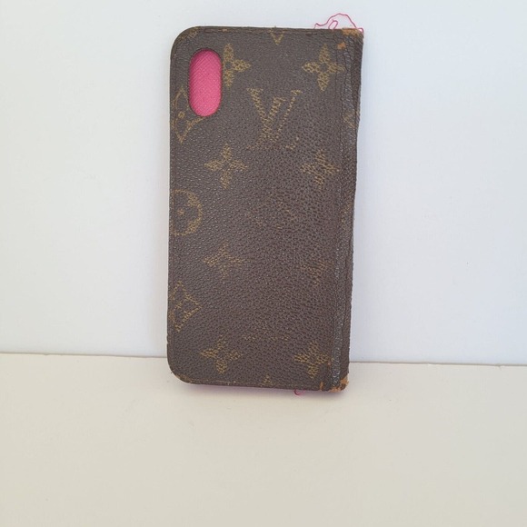 LOUIS VUITTON LV Iphone X phone Card Case Leather Brown Pink Monogram Bifold - Picture 2 of 11